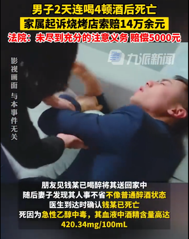 男子2天喝4顿后死亡起诉店家获赔:经济损失5000元 !-图1 男子2天喝4顿后死亡起诉店家获赔:经济损失5000元 !