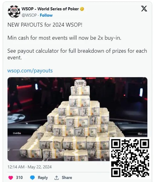 【EV撲克】2024年WSOP奖金结构升级,蕞低可拿到两倍门票钱