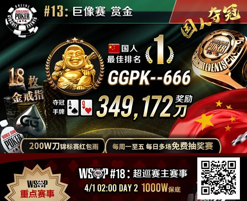 【EV撲克】素人圆梦WSOP！中国选手GGPK–666斩获巨像赛金戒指，奖励＋赏金近35W刀！