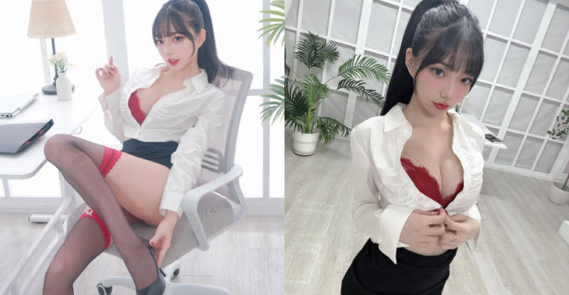 團拍專屬！性感OL「啾啾」爆乳秀長腿，「絲襪勾引」牽魂上班族！