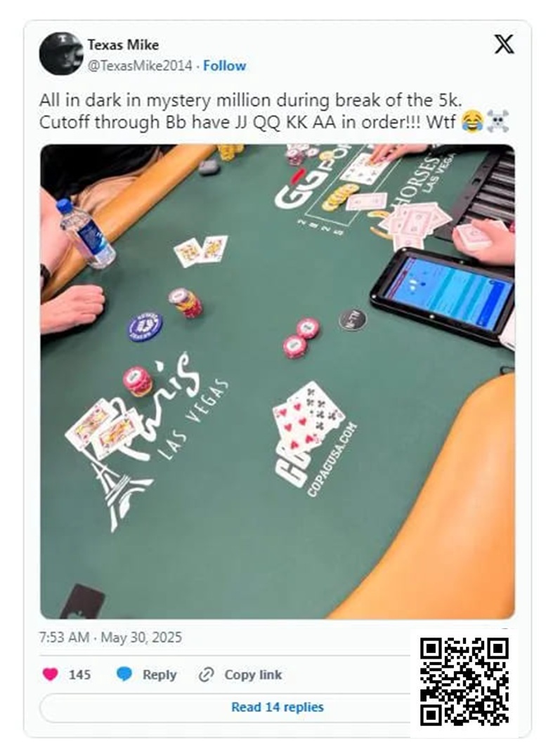 【EV撲克】WSOP的神奇时刻:Michael Moncek在盲注位全下,没想到身后有JJ、QQ、KK和AA