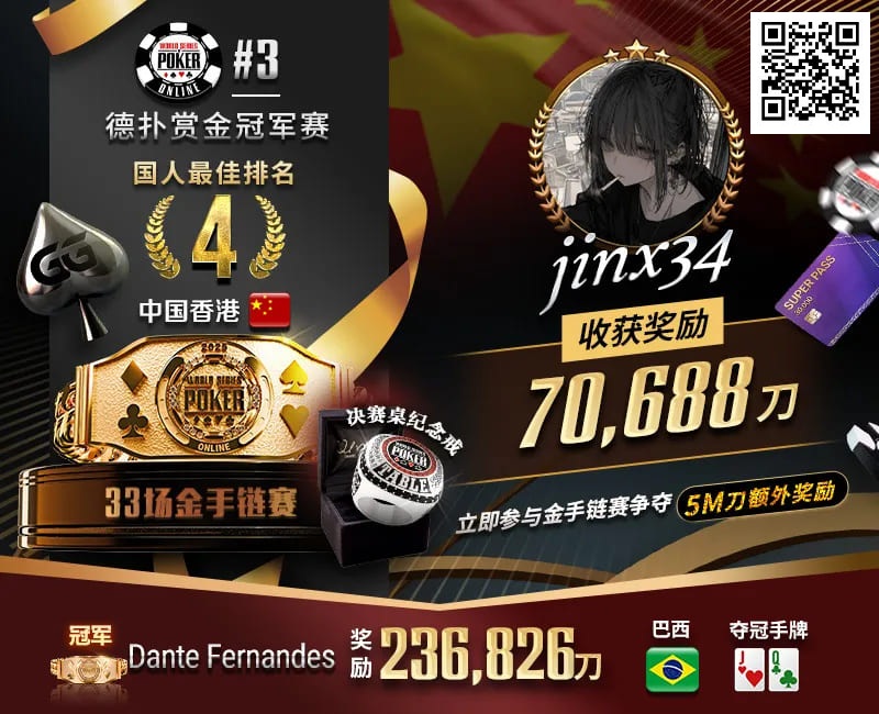 【EV撲克】WSOP线上金手链|茅人及斩获赏金赛冠军!中国香港选手“jinx34”夺#4第四名佳绩