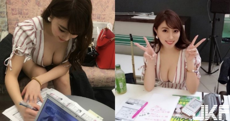 辦公室驚見「巨乳同事」低頭寫文案，「超深V大奶」根本裝不下，隨時都有走光危機呀…